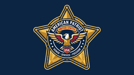 Detailed golden star badge showcases a majestic American bald eagle illustration framed by honor, service, and freedom text.