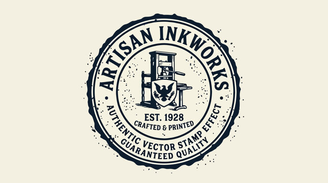 Artisan Inkworks circular stamp graphic features an antique printing press illustrating authentic crafted vector quality from 1928.