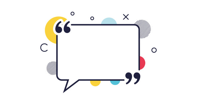 Quote or testimonial template design with speech bubble frame and abstract colorful geometric shapes background.