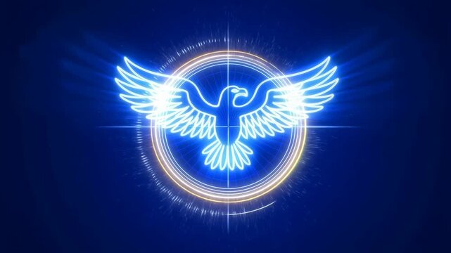 Eagle glowing neon with outstretched wings in circular frame and radiant beams on dark blue background