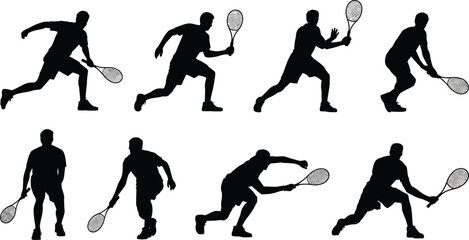 Silhouette of male tennis players hitting ball, athlete action poses with racket, vector illustration set © Masum