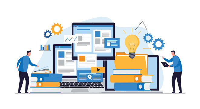 Business innovation and collaborative knowledge management concept with people, technology devices, gears, files, and bright light bulb.