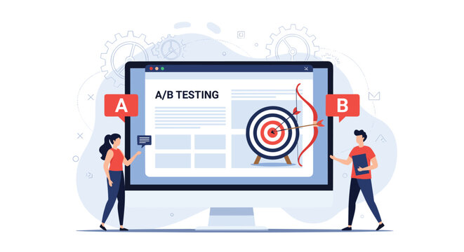Digital marketing A/B testing and webpage optimization concept showing people comparing two design versions with a target goal.