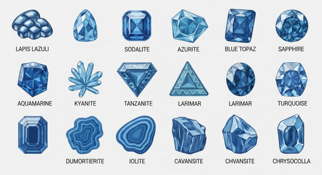 Collection of various blue gemstones and minerals with names