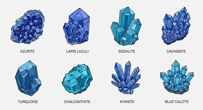 Collection of eight blue crystal minerals azurite lapis lazuli sodalite cavansite turquoise chalcantite kyanite blue calcite on white background