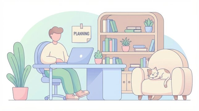 man works on his laptop at desk in cozy home office with cat sleeping in an armchair