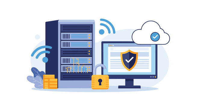 Secure data center and server network protection concept showing hardware racks connected to a computer with a security shield icon.