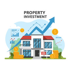 Naklejka premium Illustration of a modern house with a 'For Sale' sign, symbolizing property investment growth with rising charts and coins.