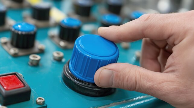 Hand turning blue dial on industrial control panel