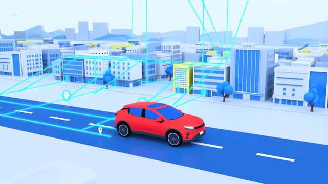 City stylized 3D with a red car driving on the road and blue lines projecting from it featuring 3D, futuristic, urban with landscape and
