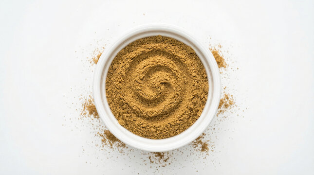 A small white ceramic bowl filled with finely ground brown cumin spice powder in a spiral design