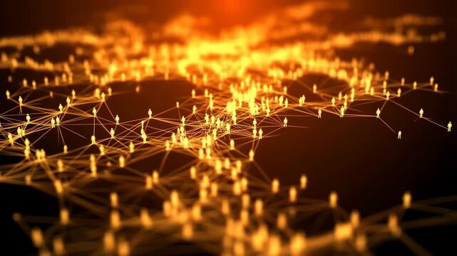 Social network with glowing orange connections and nodes featuring technology, communication, digital with online and community elements for cyber,