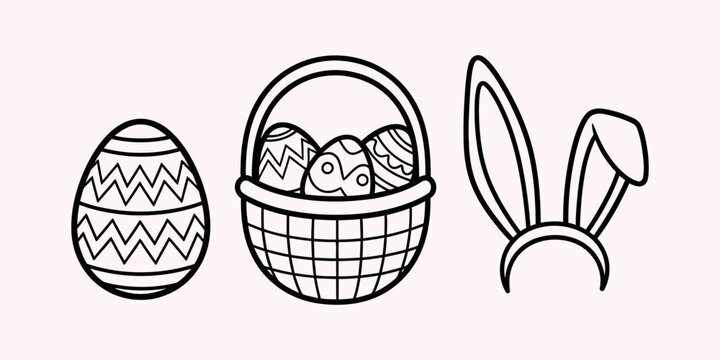 Easter themed illustration with decorated egg basket of eggs and bunny ears
