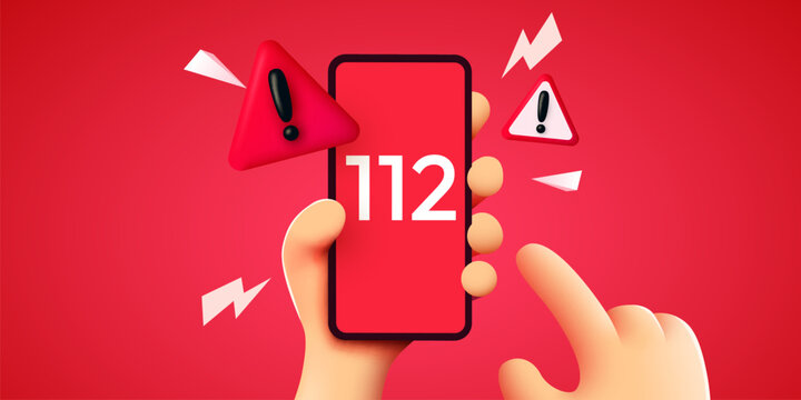 Emergency Call 112 on Smartphone. A 3D cartoon hand holds a mobile phone with warning signs. Vector illustration.