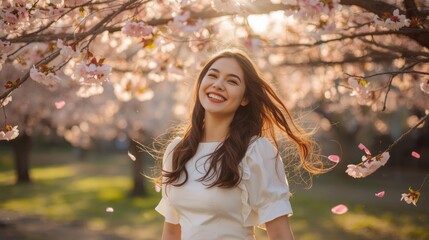 A joyful young woman with long hair smiles brightly under blooming cherry blossom trees on a sunny spring day.
