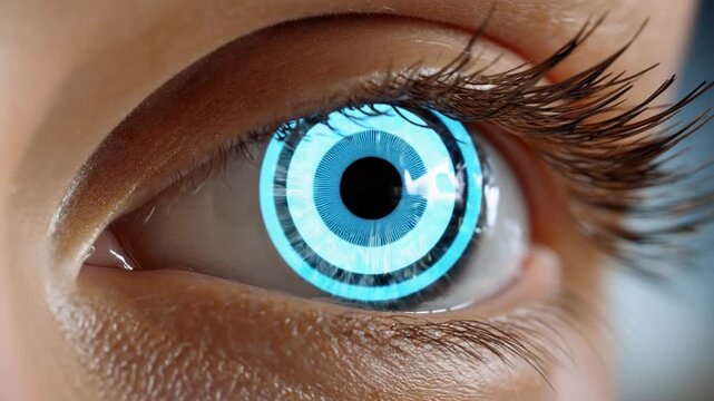 Cybernetic Vision: A close-up view of an eye with a futuristic, cybernetic design, the iris radiating with intricate blue light. Capturing the essence of future technology and human augmentation.