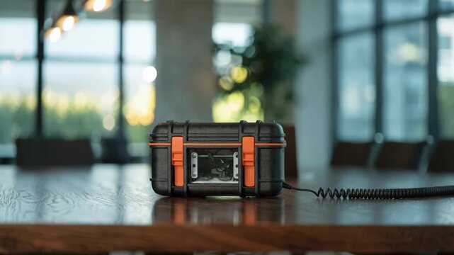 Shot of a compact carry case placed on a meeting room table telecom equipment in sharp clarity contrasted by the blurred background ambiance.