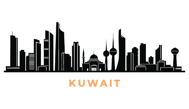vector-style silhouette of the Kuwait City skyline set against a stark white background, featuring a horizontal arrangement of iconic buildings rendered in solid black
