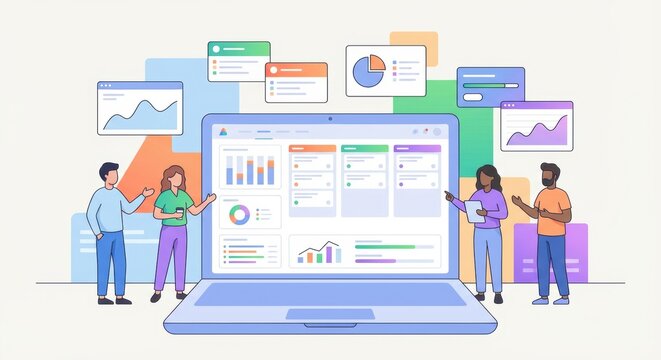 group of people analyzing data on large laptop screen with various graphs and charts