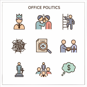A collection of flat design icons illustrating various aspects of office politics, including leadership, gossip, climbing the corporate ladder, and backstabbing.
