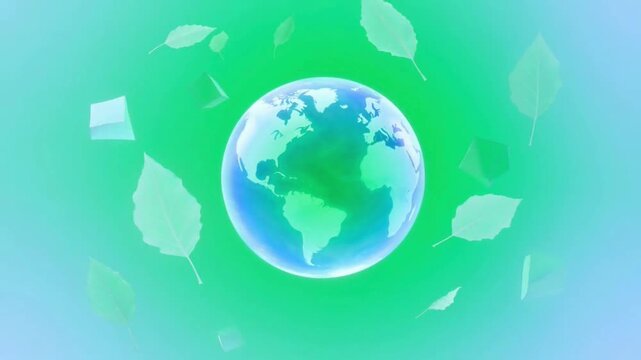 Stylized 3D planet earth globe with floating green leaves and geometric shapes on a soft gradient background for environmental sustainability concepts.
