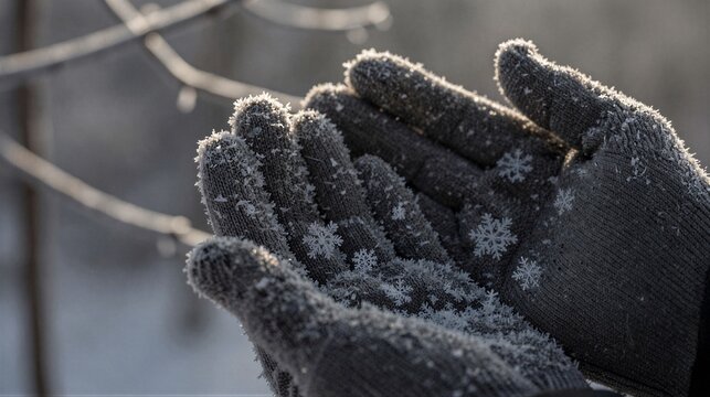 A pair of gloved hands pause in contemplation amidst a serene winter landscape with blurred trees and soft lighting.