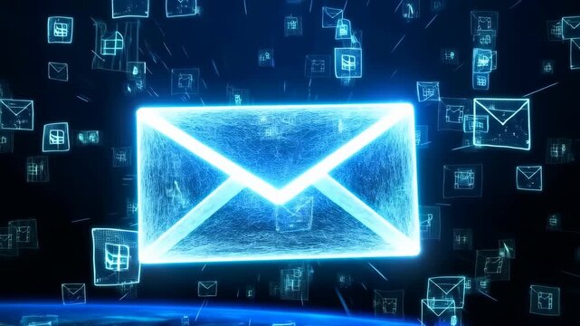 Airplane white with glowing blue email icon flying through digital space with motion blur featuring technology, communication, transportation with