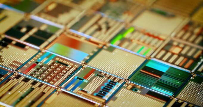 Silicon semiconductor wafer with integrated circuit die mosaic pattern.
