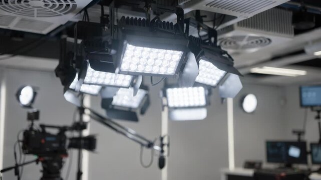 Medium shot inside a broadcast studio showcasing energyefficient LED studio lights and passive cooling vents while surrounding equipment remains softly blurred.