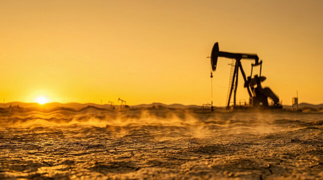 Minimalist Silhouette of Oil Pump Jack at Sunset with Massive Copy Space