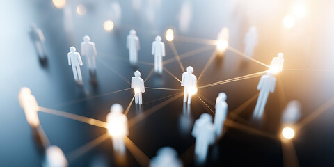 Abstract figures linked by glowing lines visualize communication networks, collaboration systems, and connected organizational relationships.