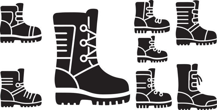 Collection of black combat boots in various positions shown