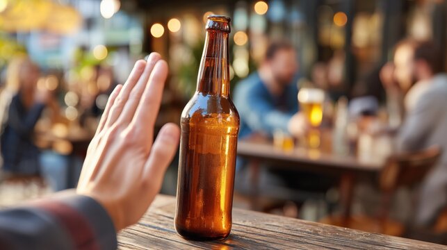 Hand making stop gesture to bottle of beer on wooden table in bar