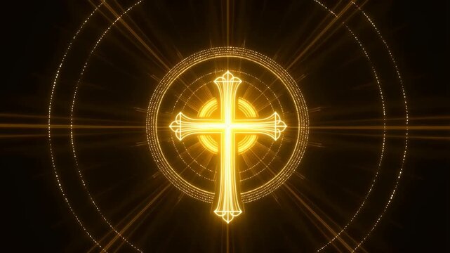 Cross glowing golden with radiant circular lines and dots on black background featuring symbol, christianity, faith with religion and spirituality