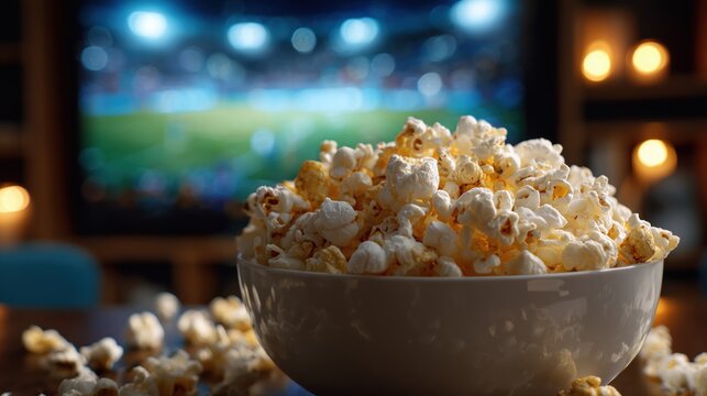 White bowl of popcorn on table with blurred soccer match on television
