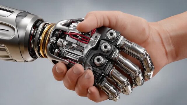 Human and Robot Handshake: A close-up shot of a human and robotic arm clasping hands, symbolizing the fusion of human and machine
