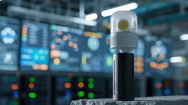 Temperature sensor on an IoT antenna in crisp focus with outoffocus control room dashboard illustrating predictive health analytics and sensor status.
