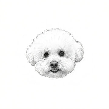 Cute Bichon Frise puppy face illustration isolated on white background, black and white pencil drawing style