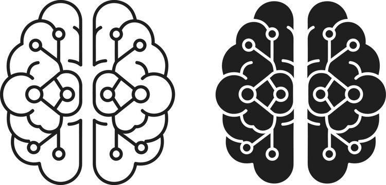 Two icons of a human brain with a digital circuit pattern representing artificial intelligence design