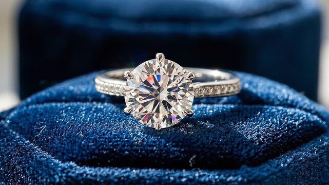 Sparkling diamond engagement ring second hand luxury solitaire round cut brilliant cushion velvet platinum band vintage style bright sun flare