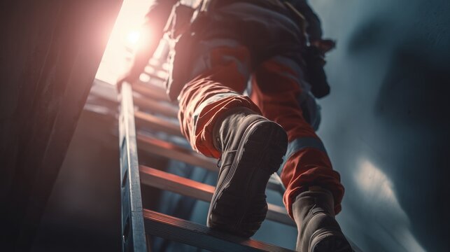 Worker climbing ladder toward bright light in industrial building