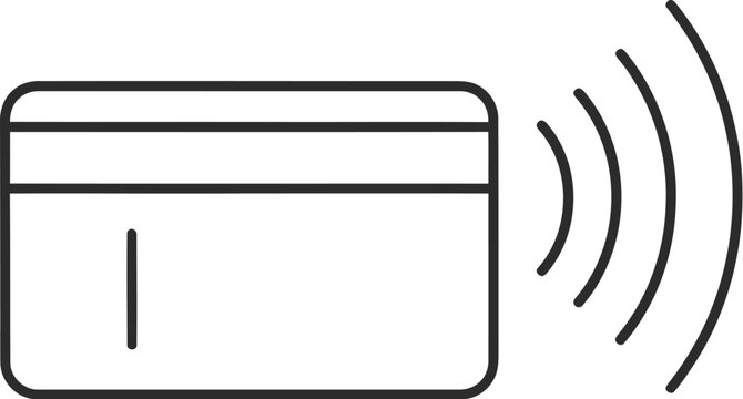 A black and white line art icon representing a contactless payment credit card with radio signal