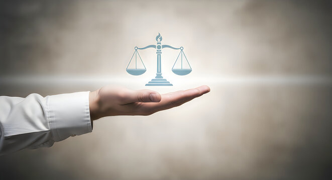 Hand holding scales of justice in palm  law and fairness concept