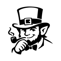 Logo con dibujo de cabeza de leprechaun sonriente con sombrero y barba fumando en pipa, para tarjetas y felicitaciones del Día de San Patricio © teracreonte
