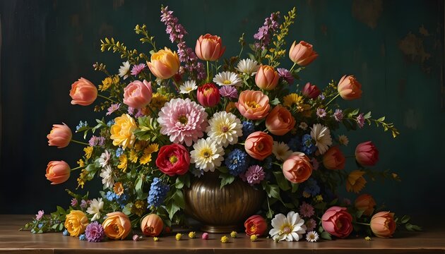 A vibrant bouquet of colorful flowers in a vase on a wooden table.