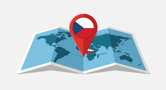 Illustration of a red location pin on a folded world map highlighting Czech Republic against a clean white background.