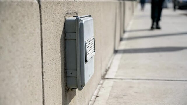 Medium shot of a telecom handhole installed on a concrete sidewalk with main focus on the securely covered access point and blurred pedestrian path in background