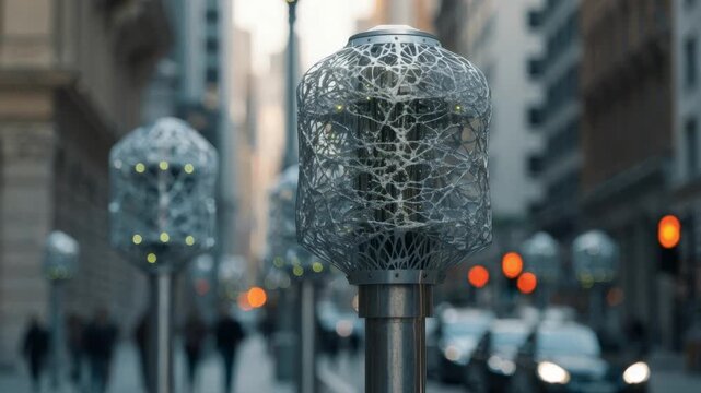 Sharp focus on a central small cell in a dense network mesh highlighting its LED indicators while multistory buildings and passing vehicles create a bokeh effect.