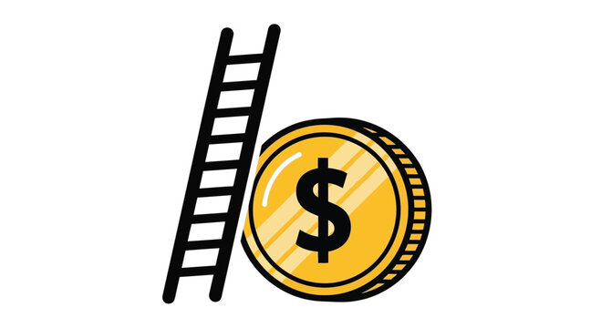 Golden coin with dollar sign and ladder in minimalist black line art for finance and investment Isolated on white background