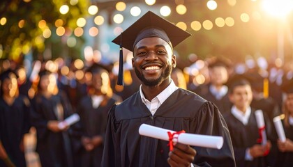 Fototapeta premium Radiant Black Graduate's Proud Smile at Golden Hour Ceremony